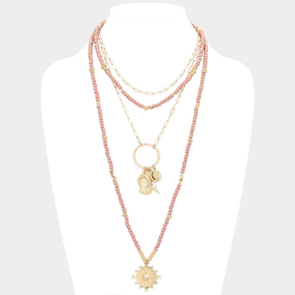 Double Horn Evil Eye Centered Pendant Wood Beaded Multi Layered Necklace - Madeline Love - Flyclothing LLC