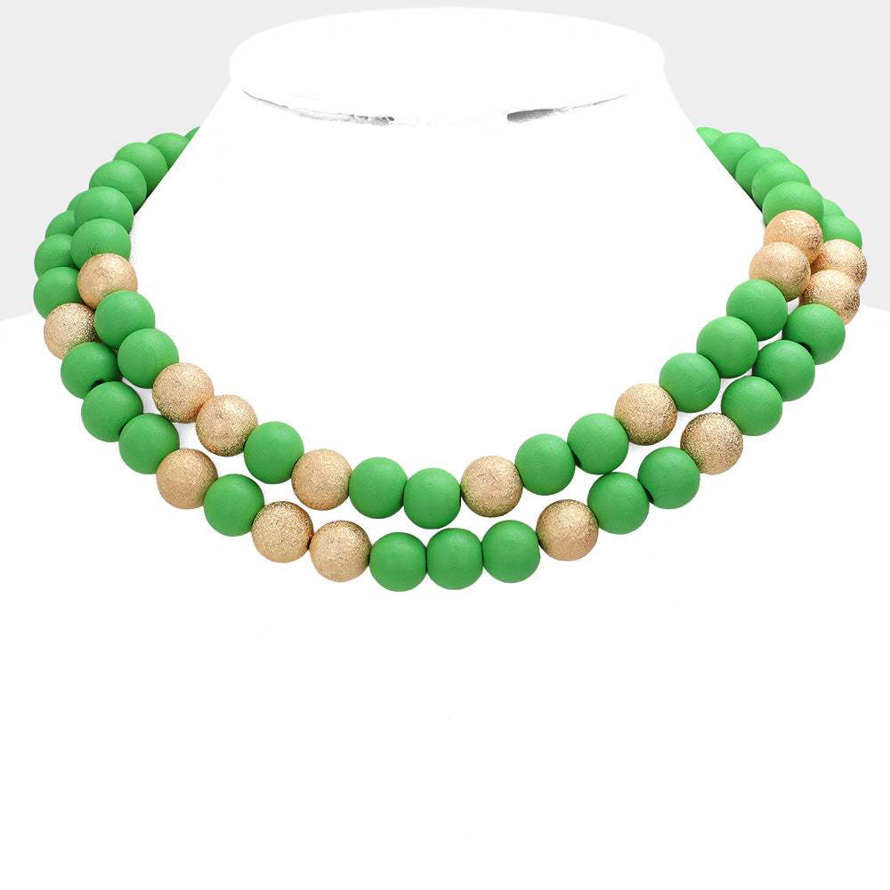 Mardi Gras Brass Metal Wood Ball Double Layered Necklace - Madeline Love - Flyclothing LLC