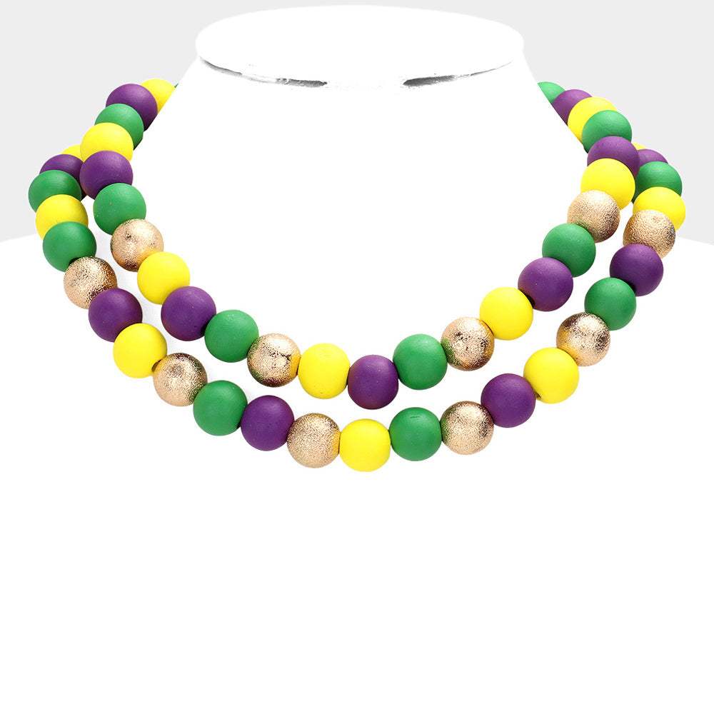 Mardi Gras Brass Metal Wood Ball Double Layered Necklace - Madeline Love - Flyclothing LLC