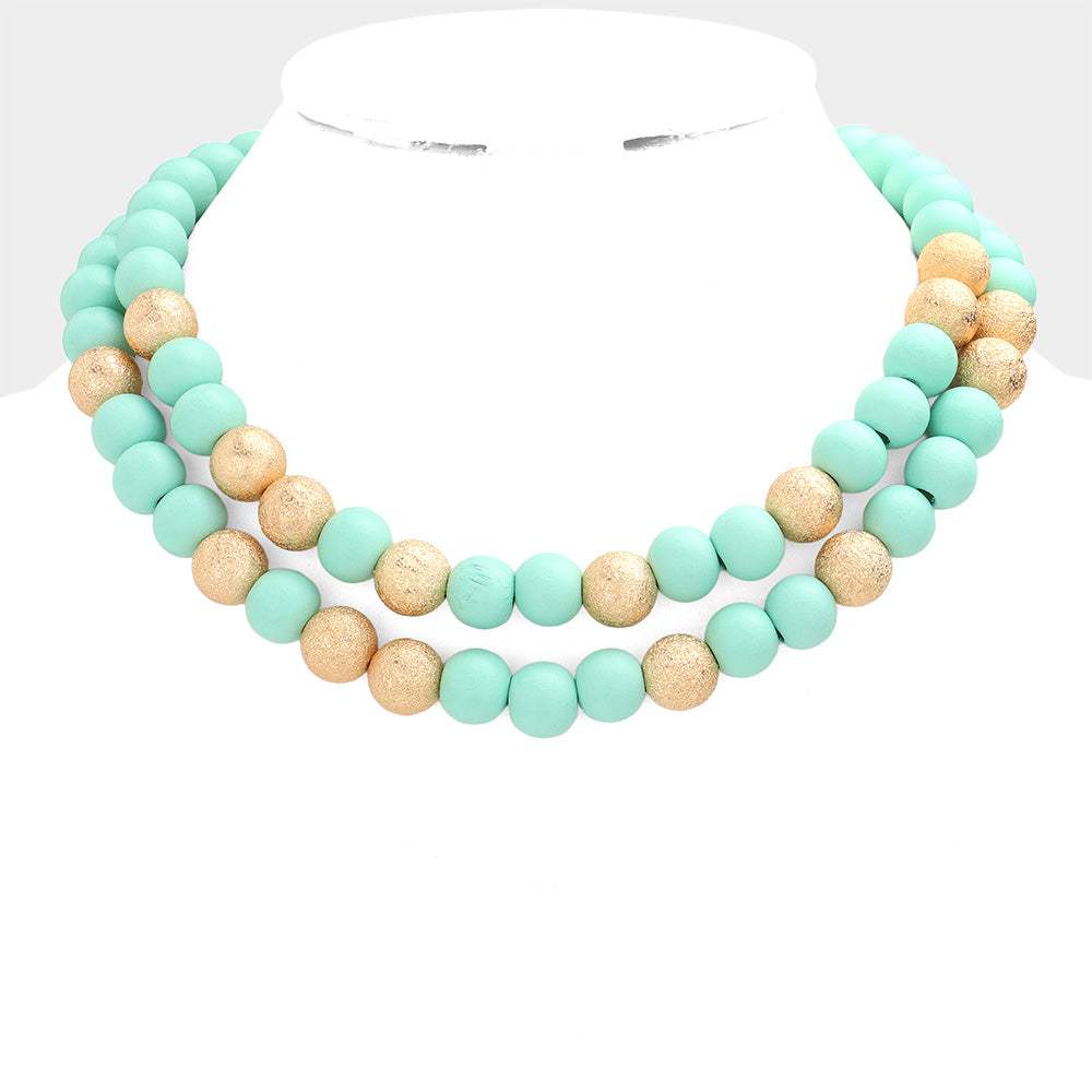 Mardi Gras Brass Metal Wood Ball Double Layered Necklace - Madeline Love - Flyclothing LLC