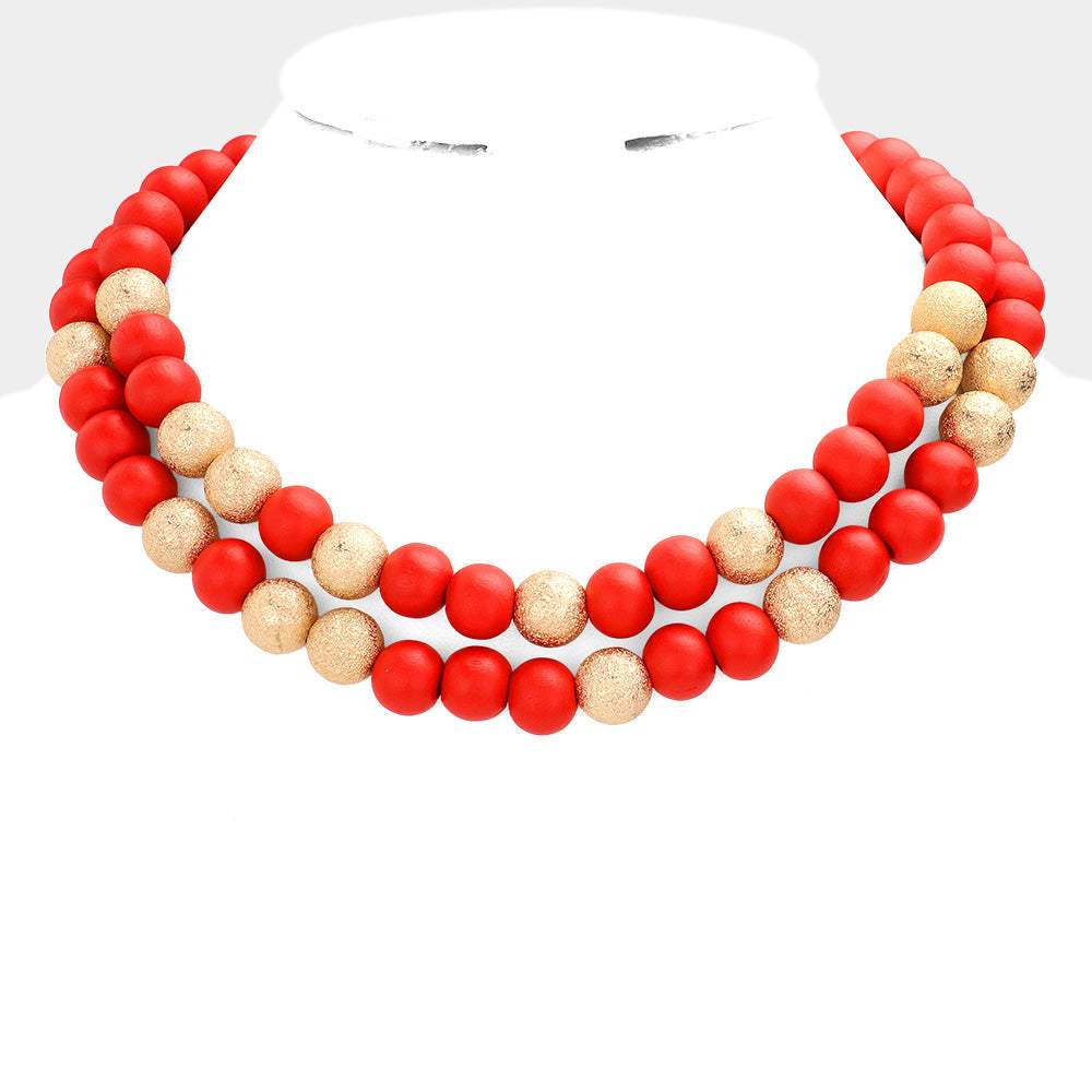 Mardi Gras Brass Metal Wood Ball Double Layered Necklace - Madeline Love - Flyclothing LLC