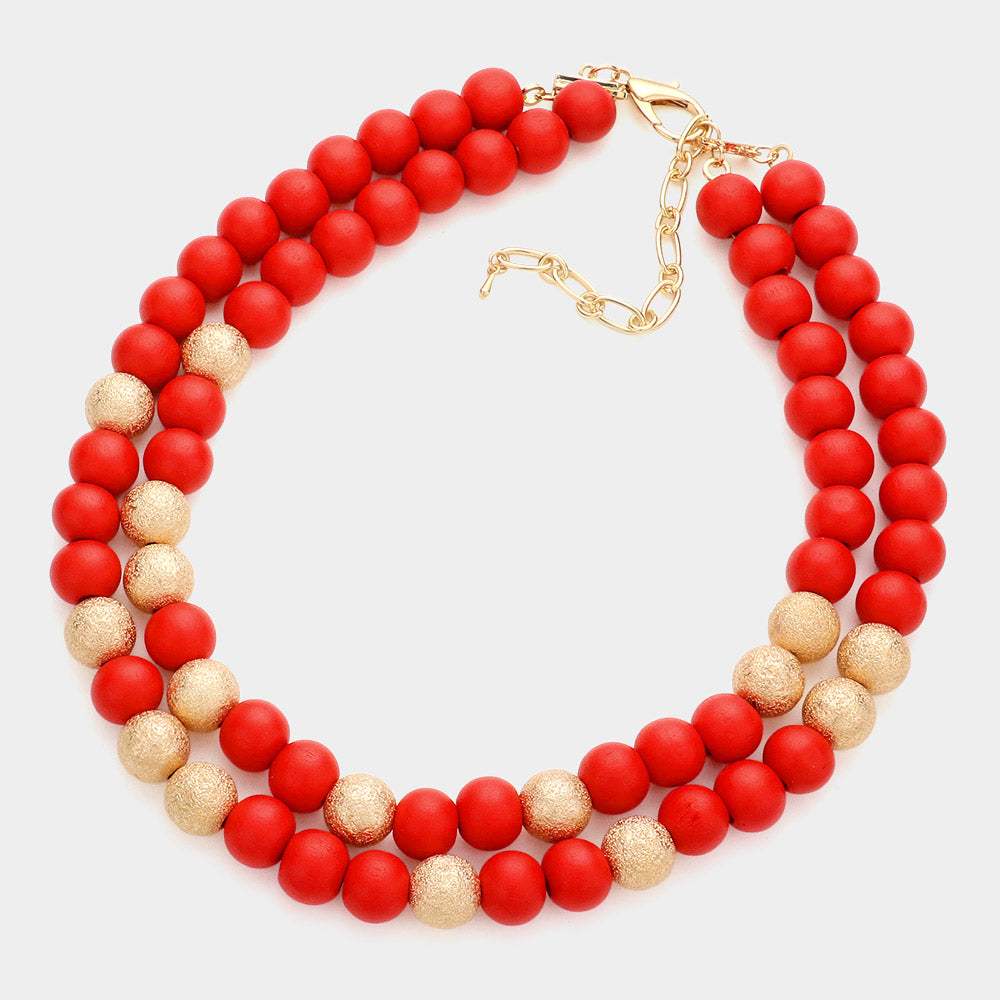 Mardi Gras Brass Metal Wood Ball Double Layered Necklace - Madeline Love - Flyclothing LLC