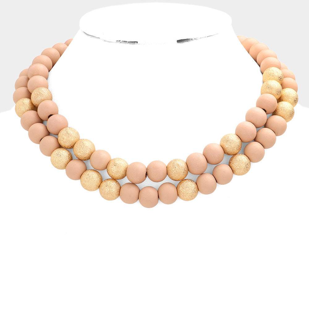 Mardi Gras Brass Metal Wood Ball Double Layered Necklace - Madeline Love - Flyclothing LLC