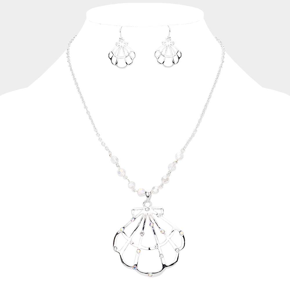 Stone Embellished Cut Out Metal Shell Pendant Necklace - Madeline Love - Flyclothing LLC
