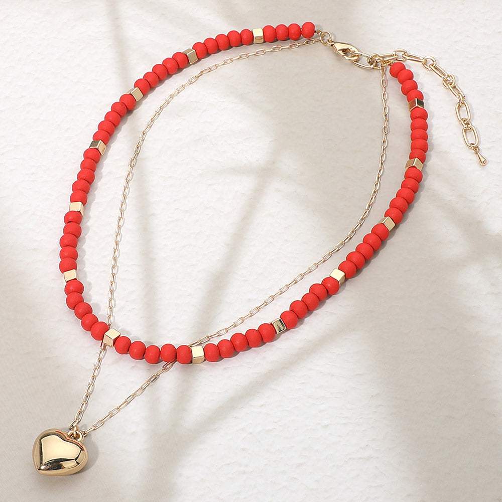 Puffy Metal Heart Pendant Accent Wooden Ball Beaded Layered Necklace - Madeline Love - Flyclothing LLC