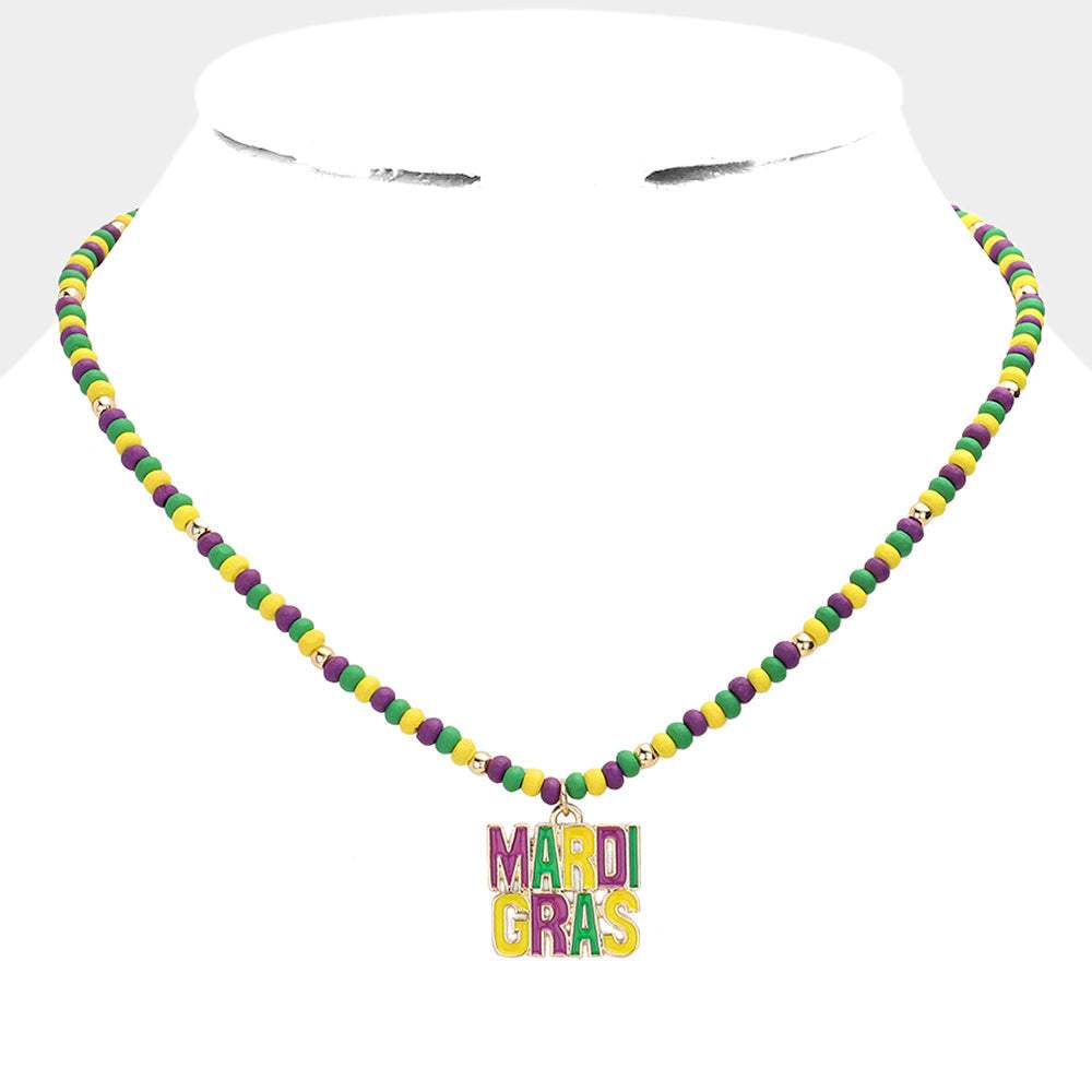 Mardi Gras Message Pendant Wood Ball Necklace - Madeline Love - Flyclothing LLC