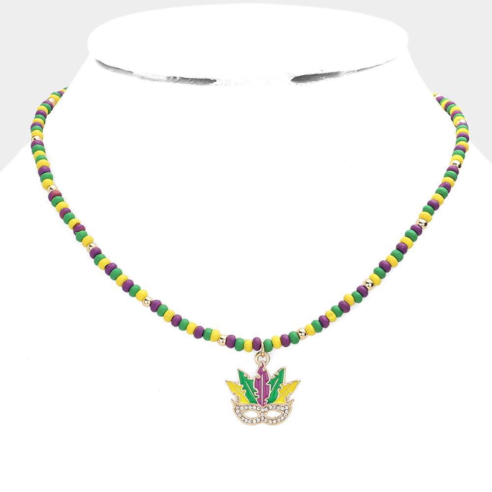 Mardi Gras Mask Pendant Wood Ball Necklace - Madeline Love - Flyclothing LLC