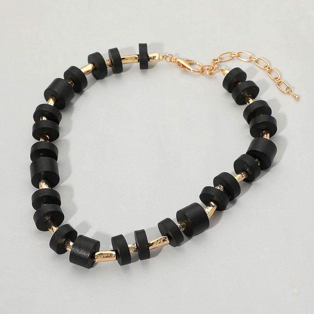 Wooden Stacked Disc Textured Metal Bar Beaded Statement Necklace - Madeline Love - Flyclothing LLC