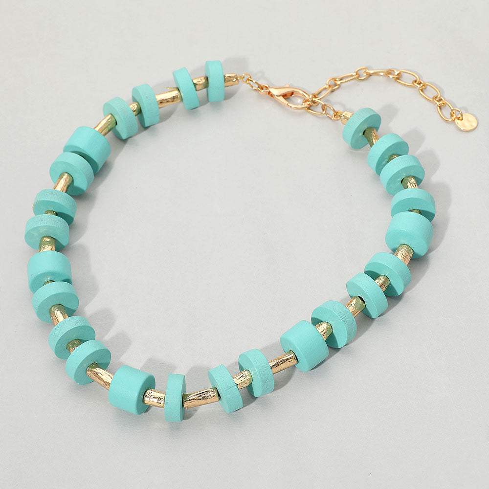 Wooden Stacked Disc Textured Metal Bar Beaded Statement Necklace - Madeline Love - Flyclothing LLC