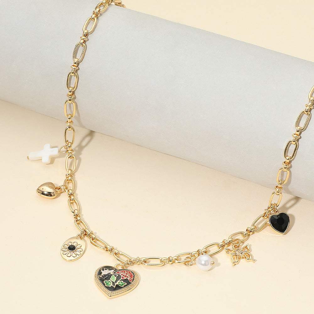 Butterfly Flower Enamel Detailed Heart Pendant Charm Station Necklace - Madeline Love - Flyclothing LLC