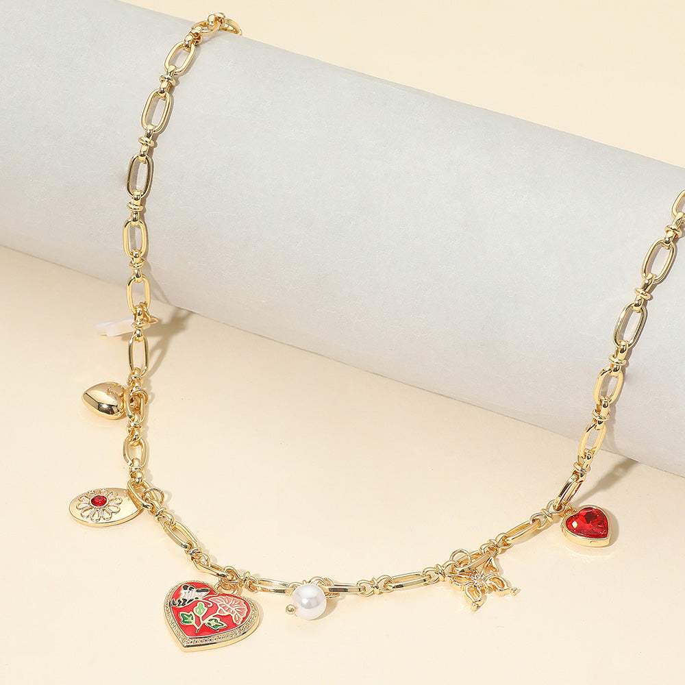 Butterfly Flower Enamel Detailed Heart Pendant Charm Station Necklace - Madeline Love - Flyclothing LLC