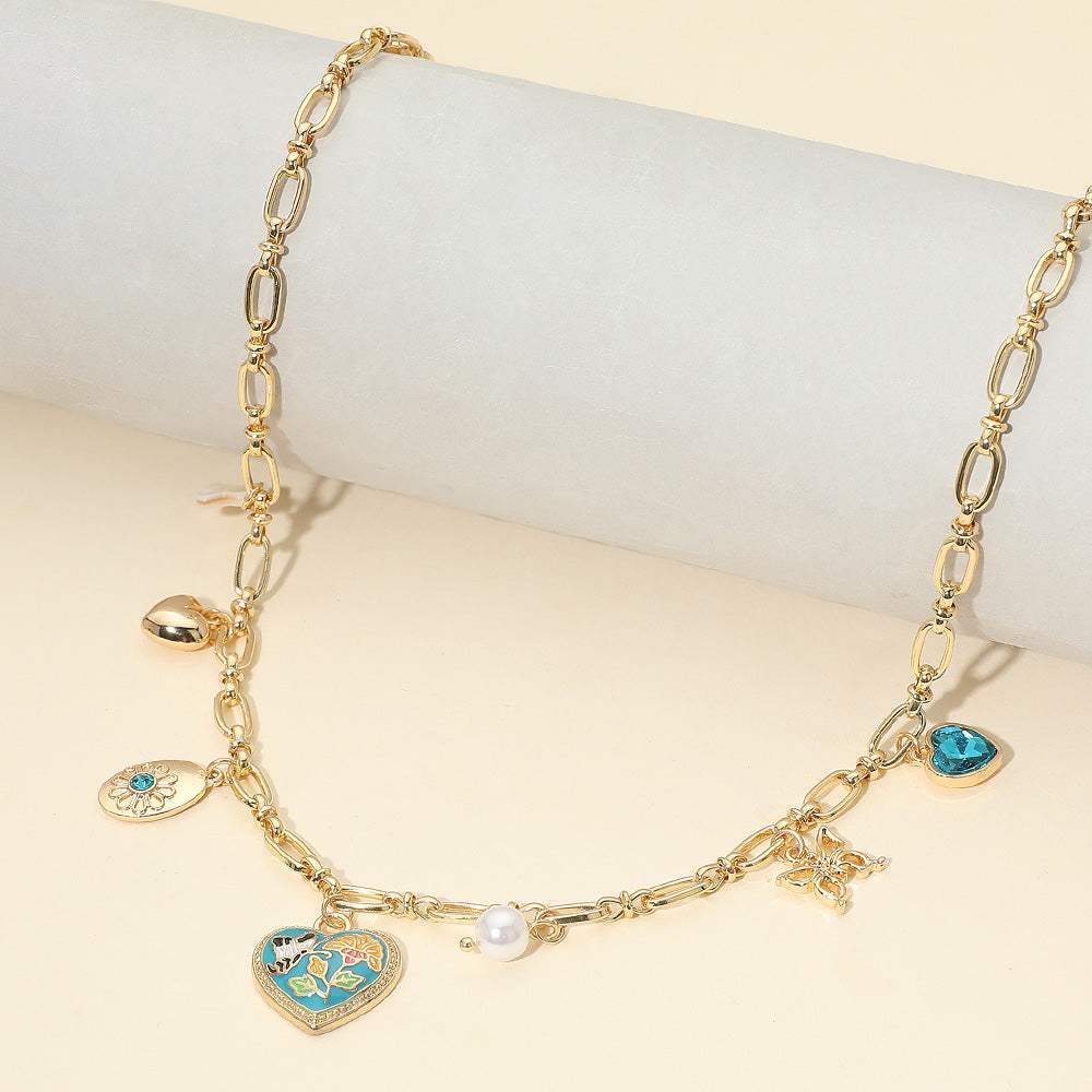 Butterfly Flower Enamel Detailed Heart Pendant Charm Station Necklace - Madeline Love - Flyclothing LLC