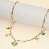 Butterfly Flower Enamel Detailed Heart Pendant Charm Station Necklace - Madeline Love - Flyclothing LLC
