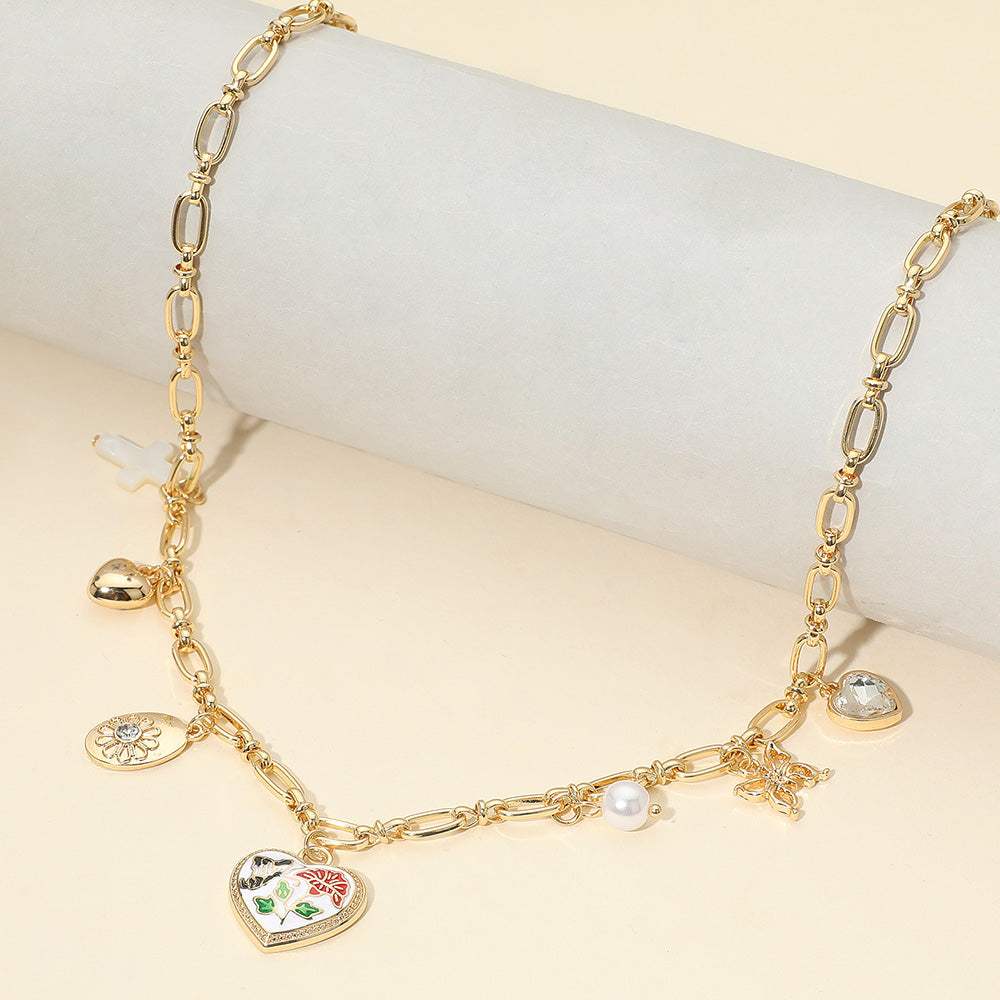 Butterfly Flower Enamel Detailed Heart Pendant Charm Station Necklace - Madeline Love - Flyclothing LLC