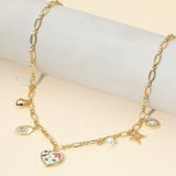 Butterfly Flower Enamel Detailed Heart Pendant Charm Station Necklace - Madeline Love - Flyclothing LLC
