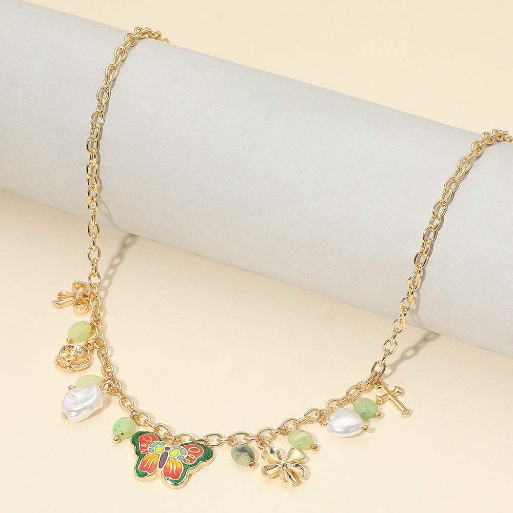Enamel Butterfly Flower Cross Bow Heart Pearl Charm Station Necklace - Madeline Love - Flyclothing LLC