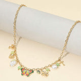 Enamel Butterfly Flower Cross Bow Heart Pearl Charm Station Necklace - Madeline Love - Flyclothing LLC