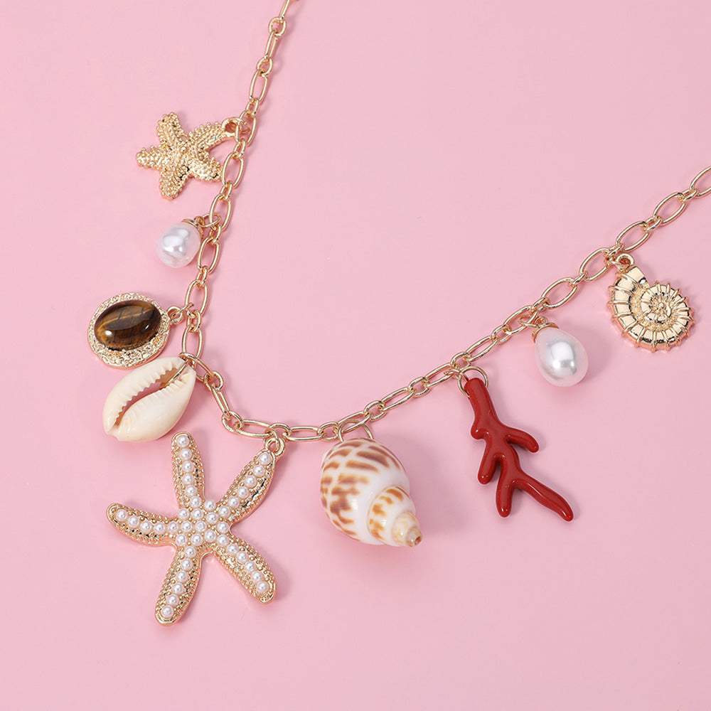 Pearl Starfish Shell Pearl Charm Station Necklace - Madeline Love - Flyclothing LLC