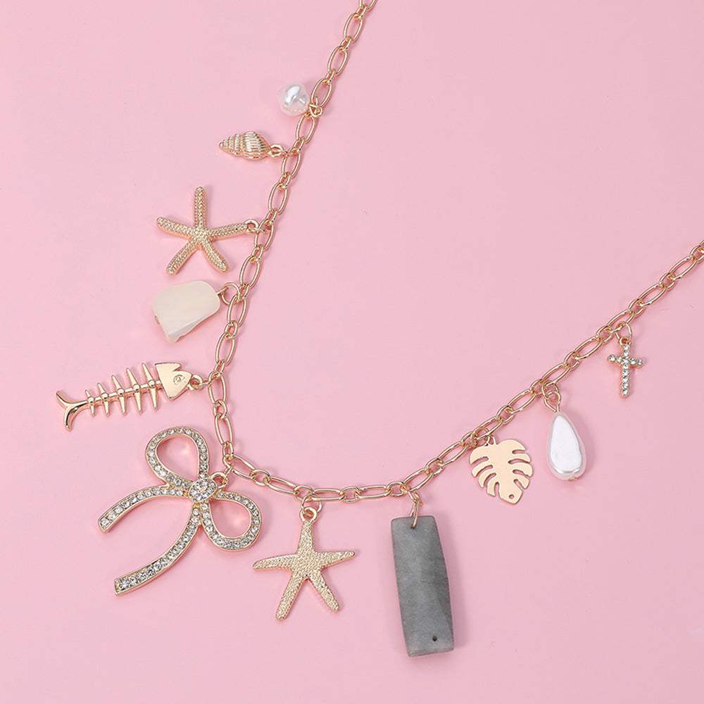 Stone Paved Bow Metal Starfish Fish Shell Pearl Tropical Leaf Charm Station Necklace - Madeline Love - Flyclothing LLC