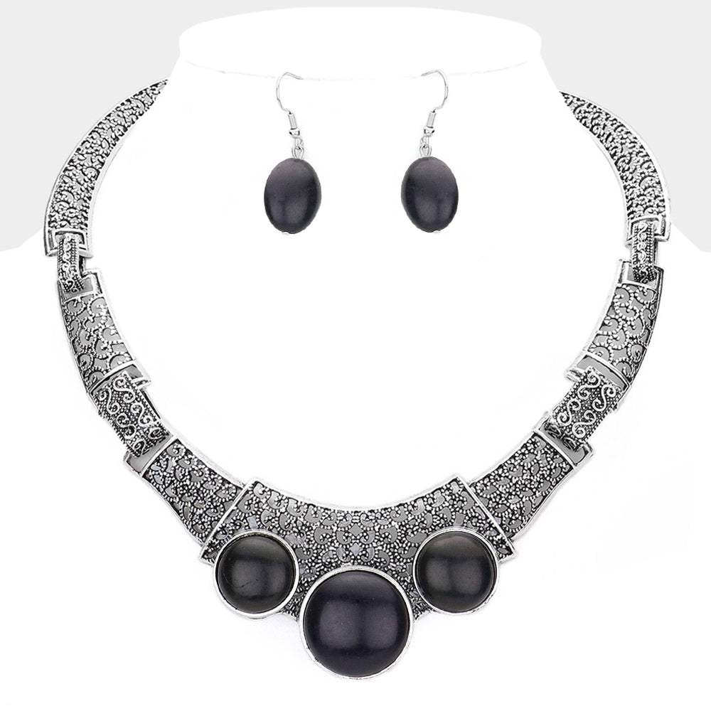 Antique Metal Natural Stone Accented Filigree Collar Necklace - Madeline Love - Flyclothing LLC