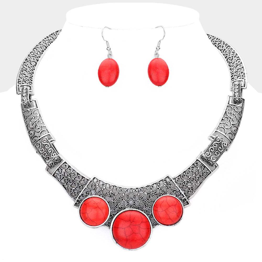 Antique Metal Natural Stone Accented Filigree Collar Necklace - Madeline Love - Flyclothing LLC
