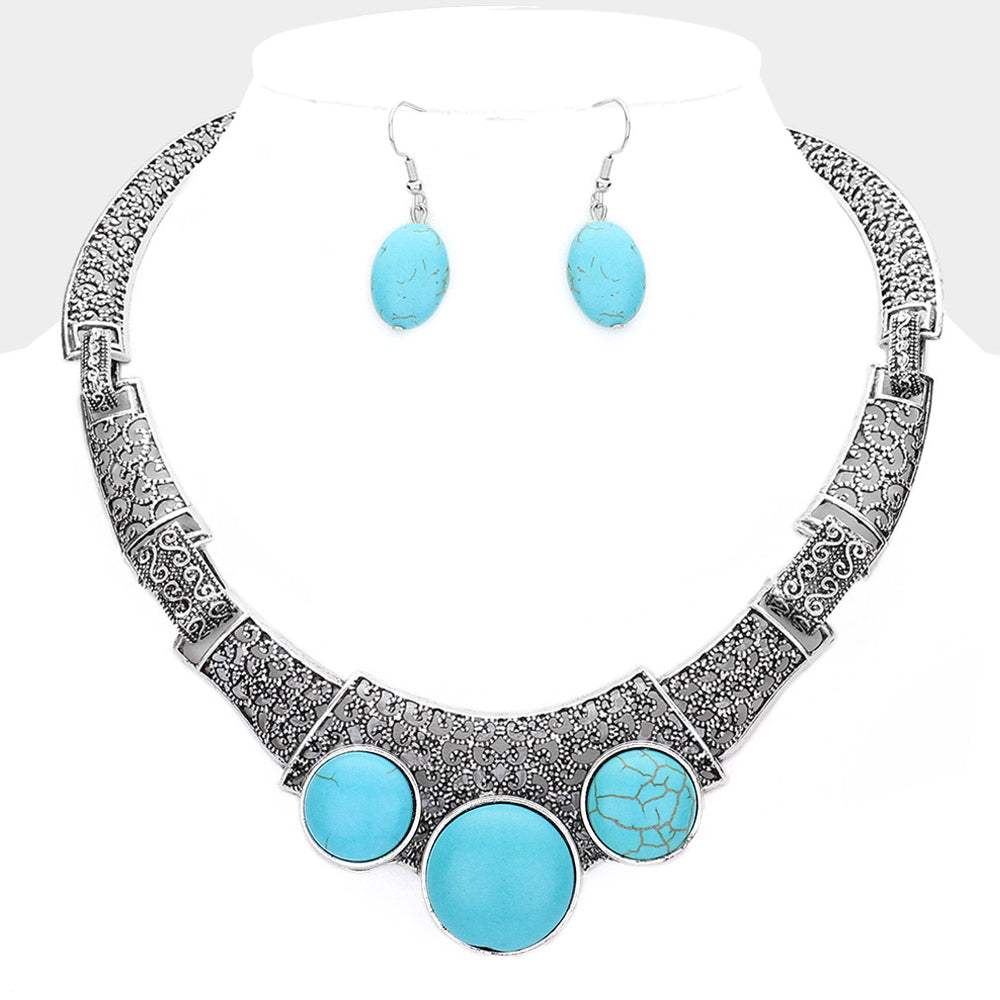 Antique Metal Natural Stone Accented Filigree Collar Necklace - Madeline Love - Flyclothing LLC