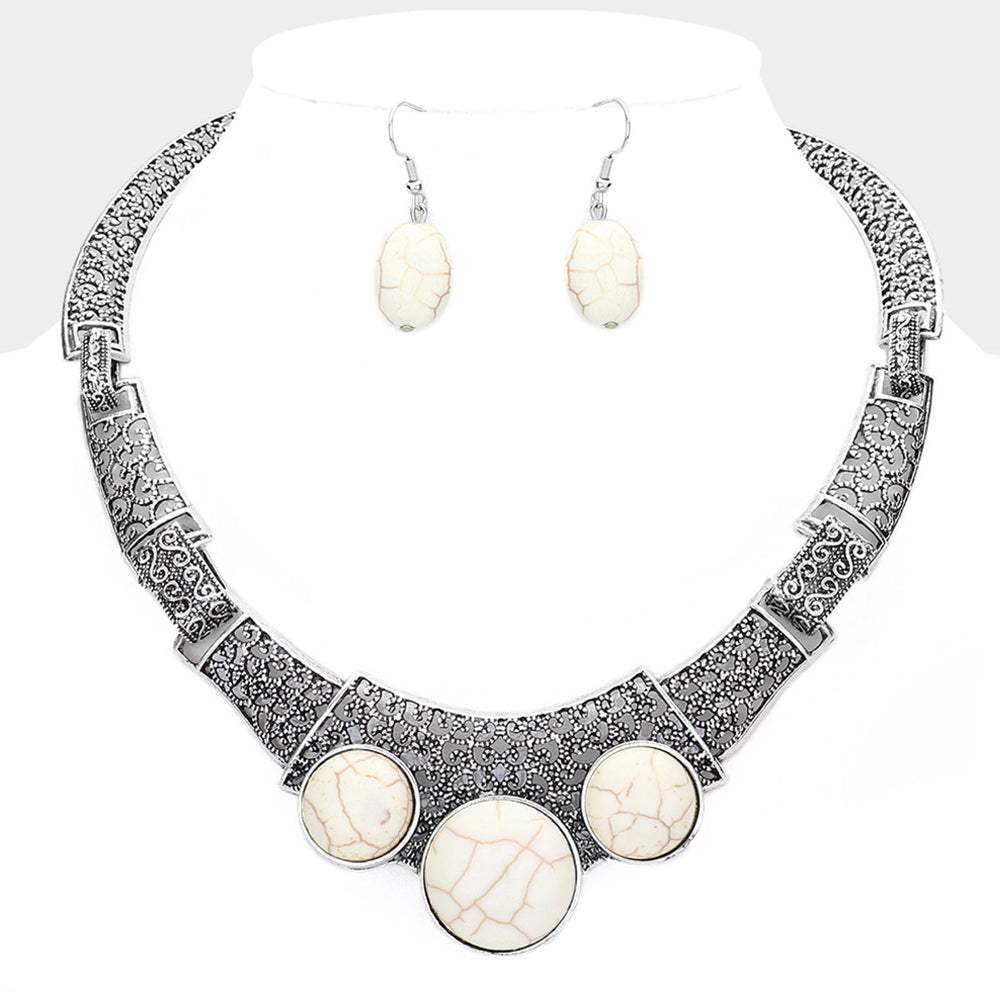 Antique Metal Natural Stone Accented Filigree Collar Necklace - Madeline Love - Flyclothing LLC