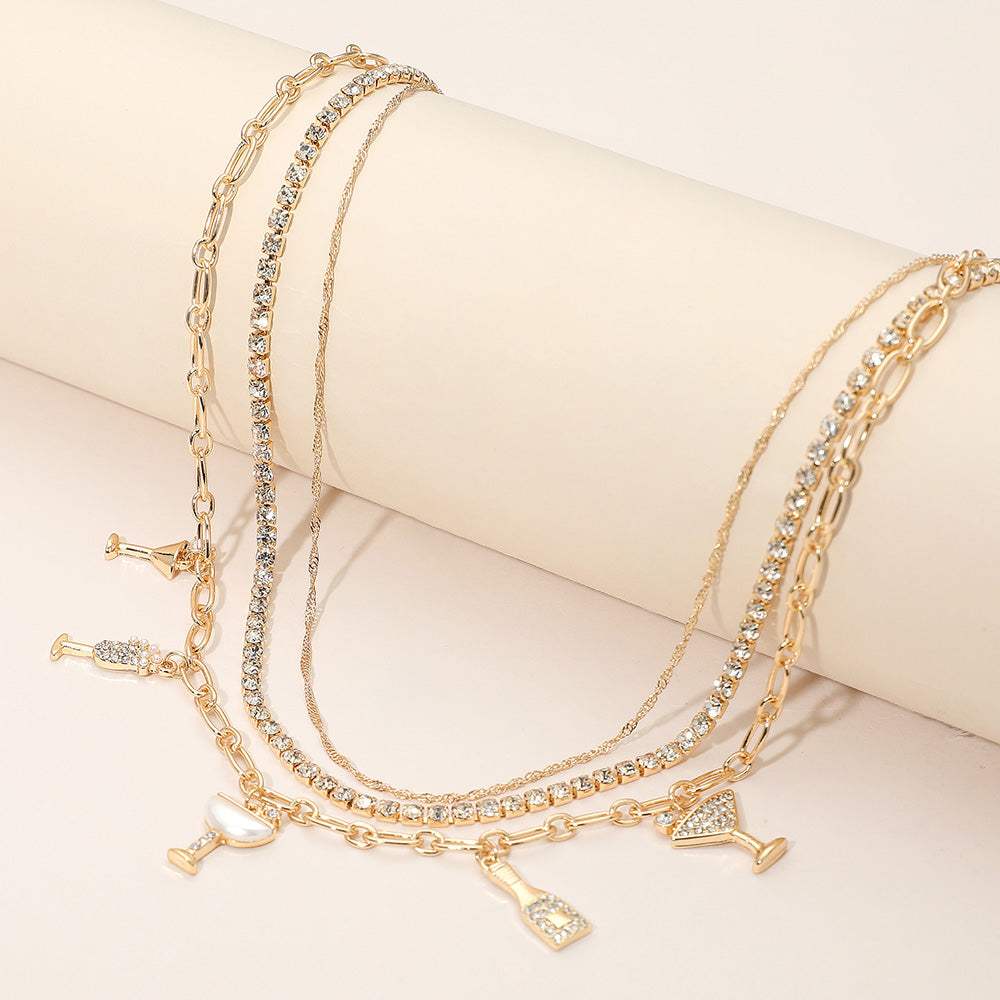 Rhinestone Pearl Embellished Drink-themed Charm Station Layered Chain Necklace - Madeline Love - Flyclothing LLC