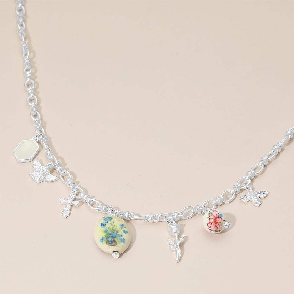 Vintage Floral Ceramic Charm Metal Angel Flower Stem Honey Bee Charm Station Necklace - Madeline Love - Flyclothing LLC