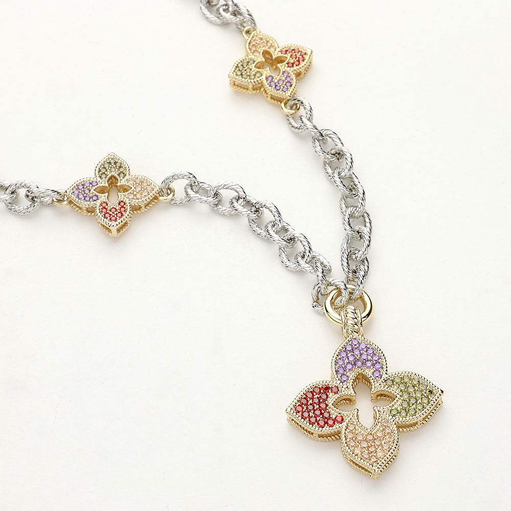14K Gold Plated CZ Stone Paved Clover Pendant Station Necklace - Madeline Love - Flyclothing LLC