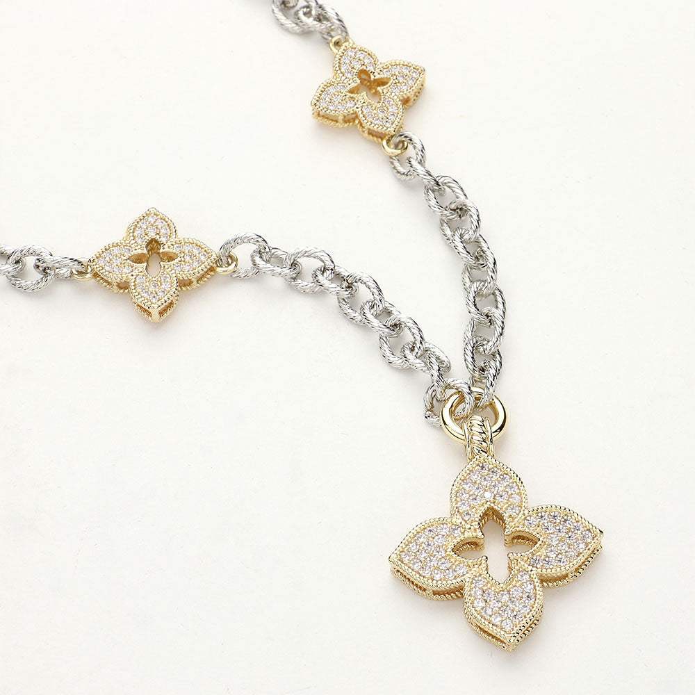 14K Gold Plated CZ Stone Paved Clover Pendant Station Necklace - Madeline Love - Flyclothing LLC
