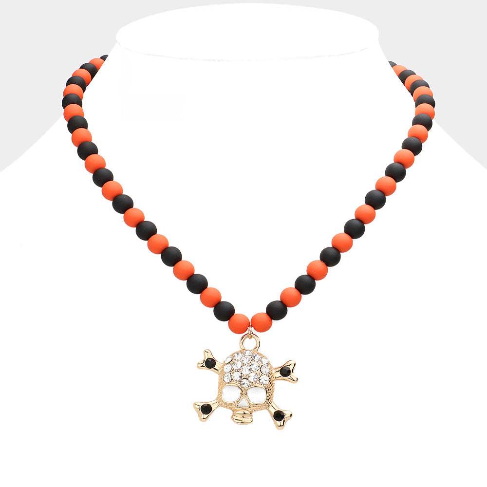 Rhinestone Embellished Skull Pendant Beaded Necklace - Madeline Love - Flyclothing LLC