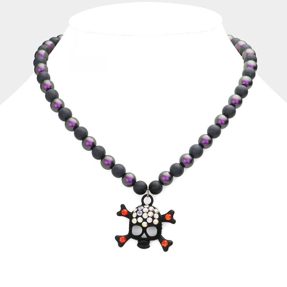Rhinestone Embellished Skull Pendant Beaded Necklace - Madeline Love - Flyclothing LLC