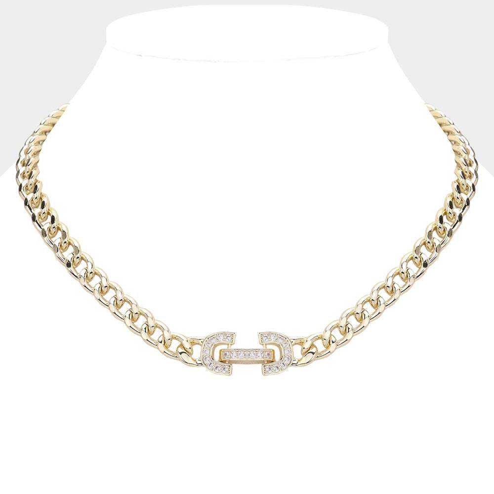 14K Gold Plated CZ Stone Paved Lock Pointed Chain Necklace - Madeline Love - Flyclothing LLC