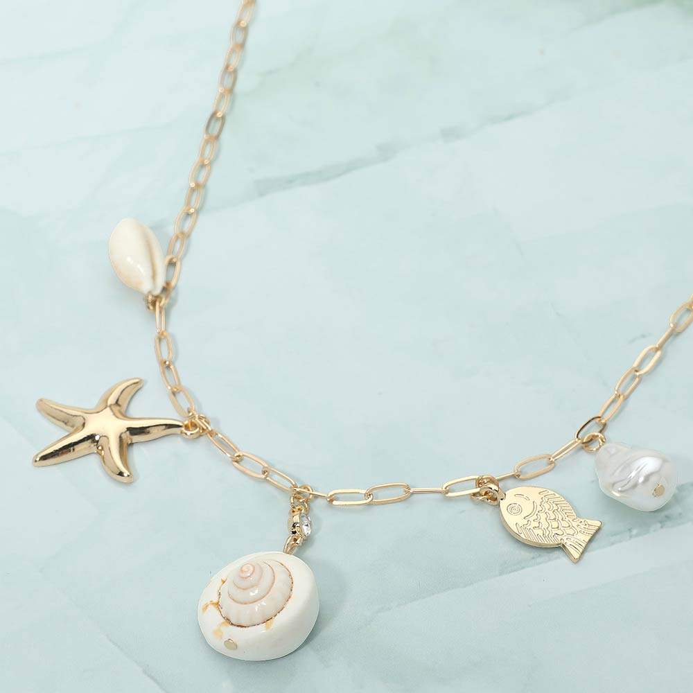 Shell Pearl Fish Starfish Charm Station Paperclip Chain Necklace - Madeline Love - Flyclothing LLC