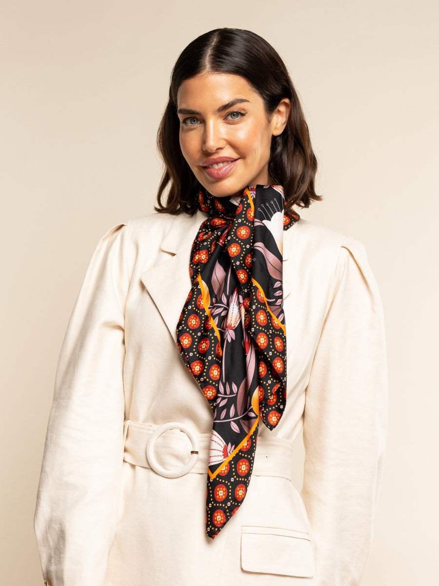 Bruna (black/orange)- Soft and lightweight Italian foulard from pure silk - Leather Gloves Online - Flyclothing LLC