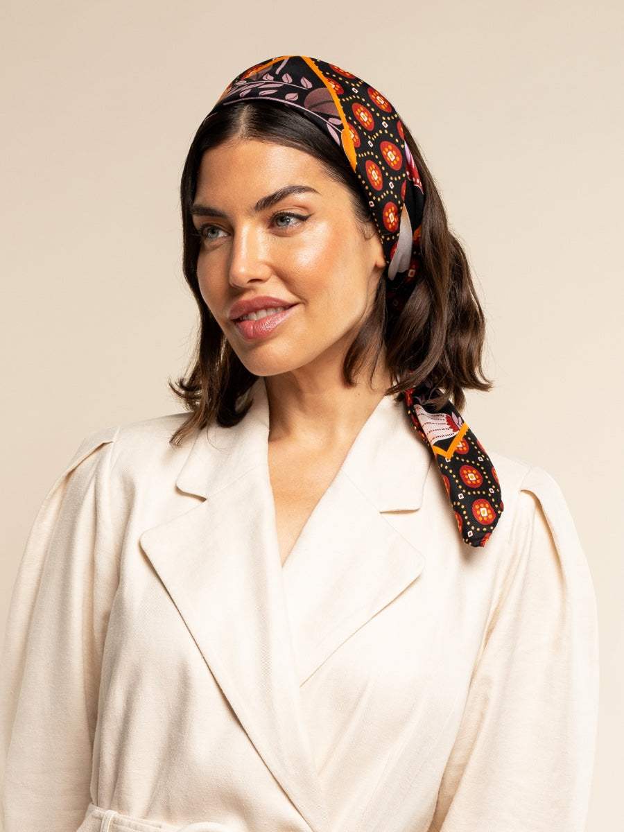 Bruna (black/orange)- Soft and lightweight Italian foulard from pure silk - Leather Gloves Online - Flyclothing LLC