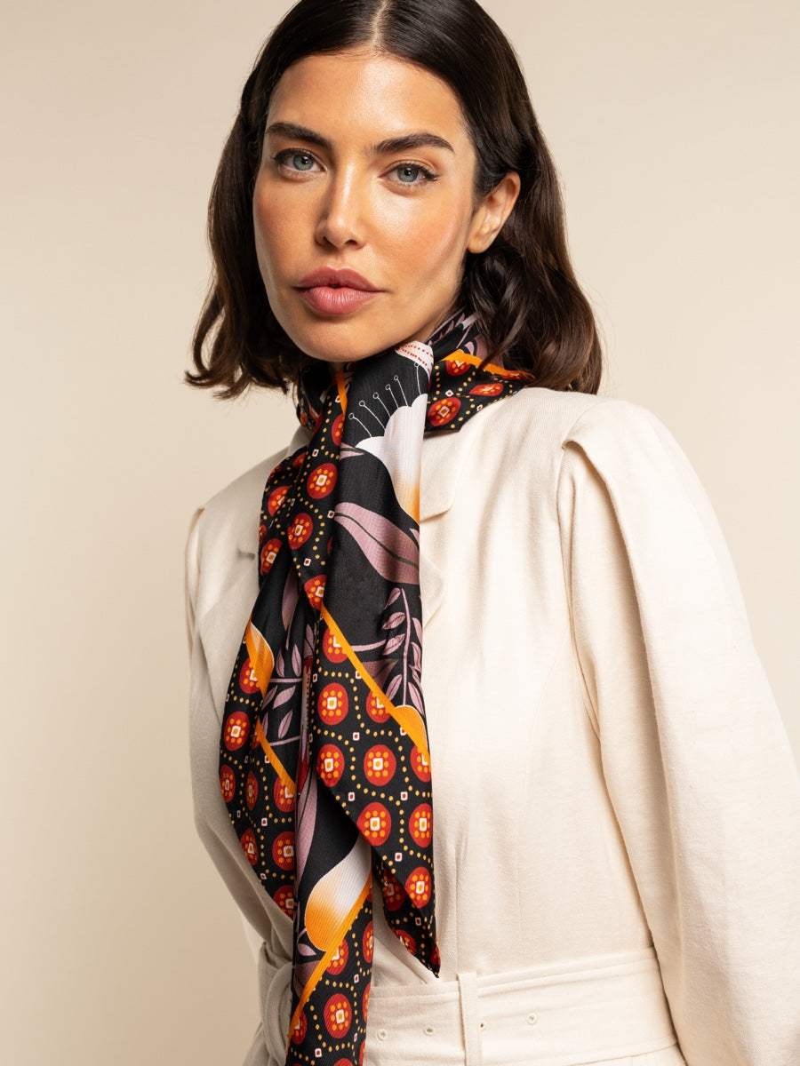 Bruna (black/orange)- Soft and lightweight Italian foulard from pure silk - Leather Gloves Online - Flyclothing LLC