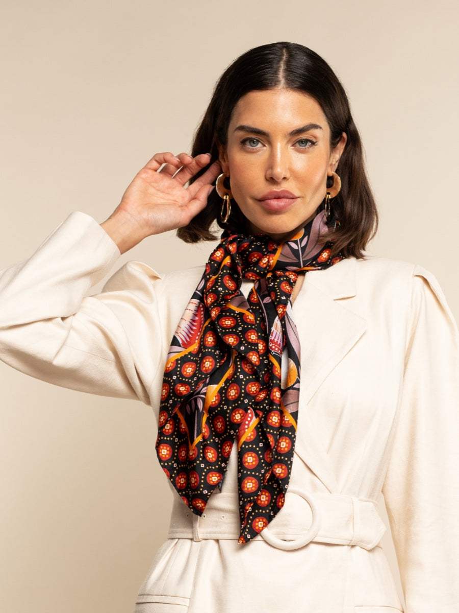 Bruna (black/orange)- Soft and lightweight Italian foulard from pure silk - Leather Gloves Online - Flyclothing LLC