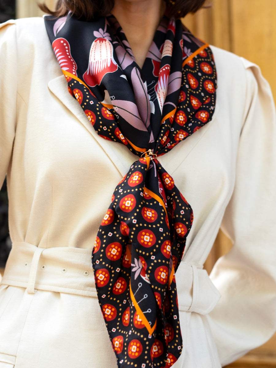 Bruna (black/orange)- Soft and lightweight Italian foulard from pure silk - Leather Gloves Online - Flyclothing LLC