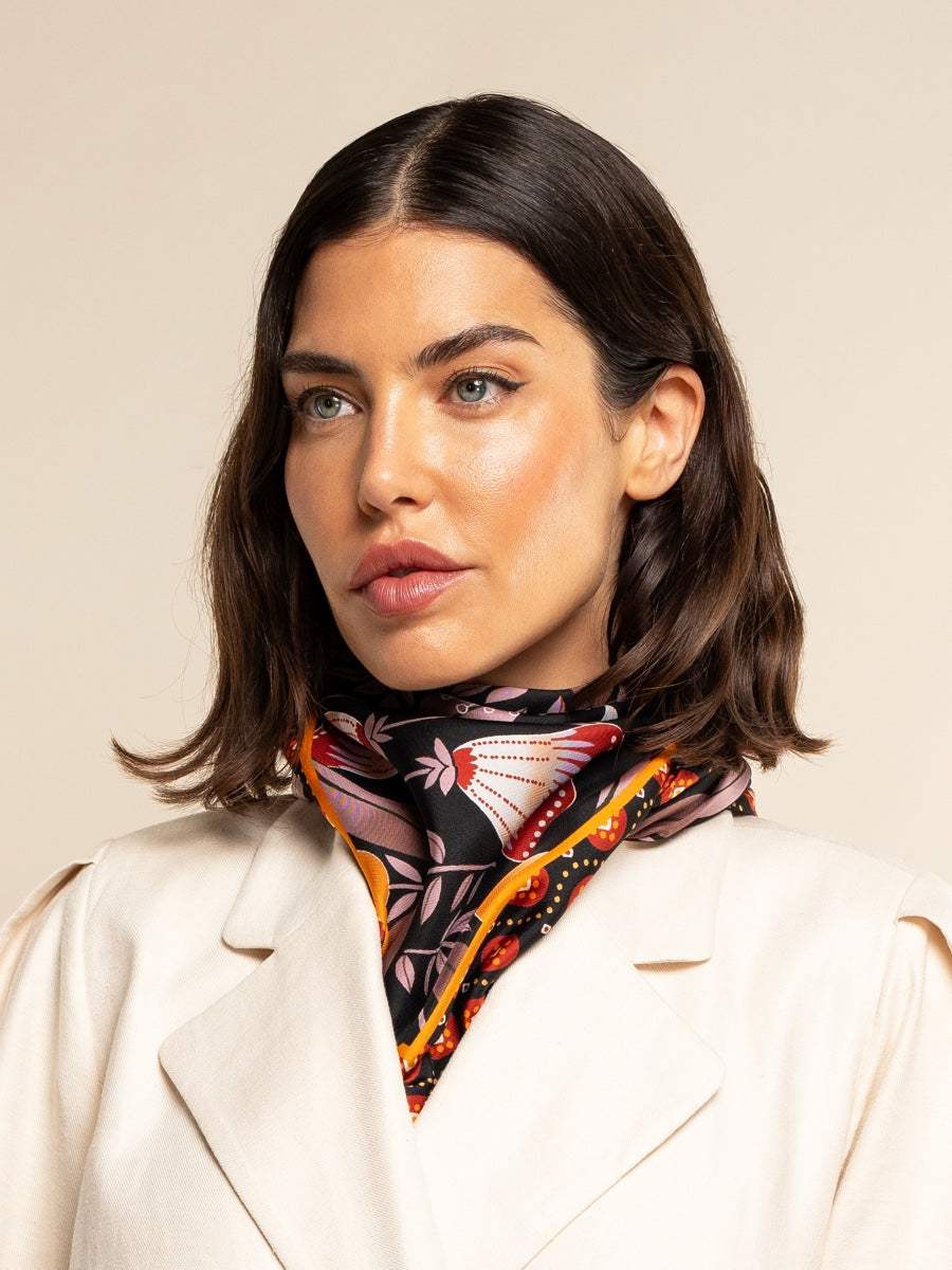 Bruna (black/orange)- Soft and lightweight Italian foulard from pure silk - Leather Gloves Online - Flyclothing LLC