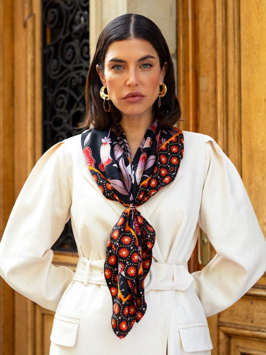 Bruna (black/orange)- Soft and lightweight Italian foulard from pure silk - Leather Gloves Online - Flyclothing LLC