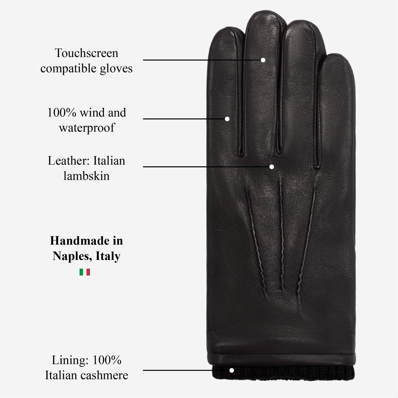Alessandro (black) - Italian lambskin leather gloves with cashmere lining & touchscreen feature