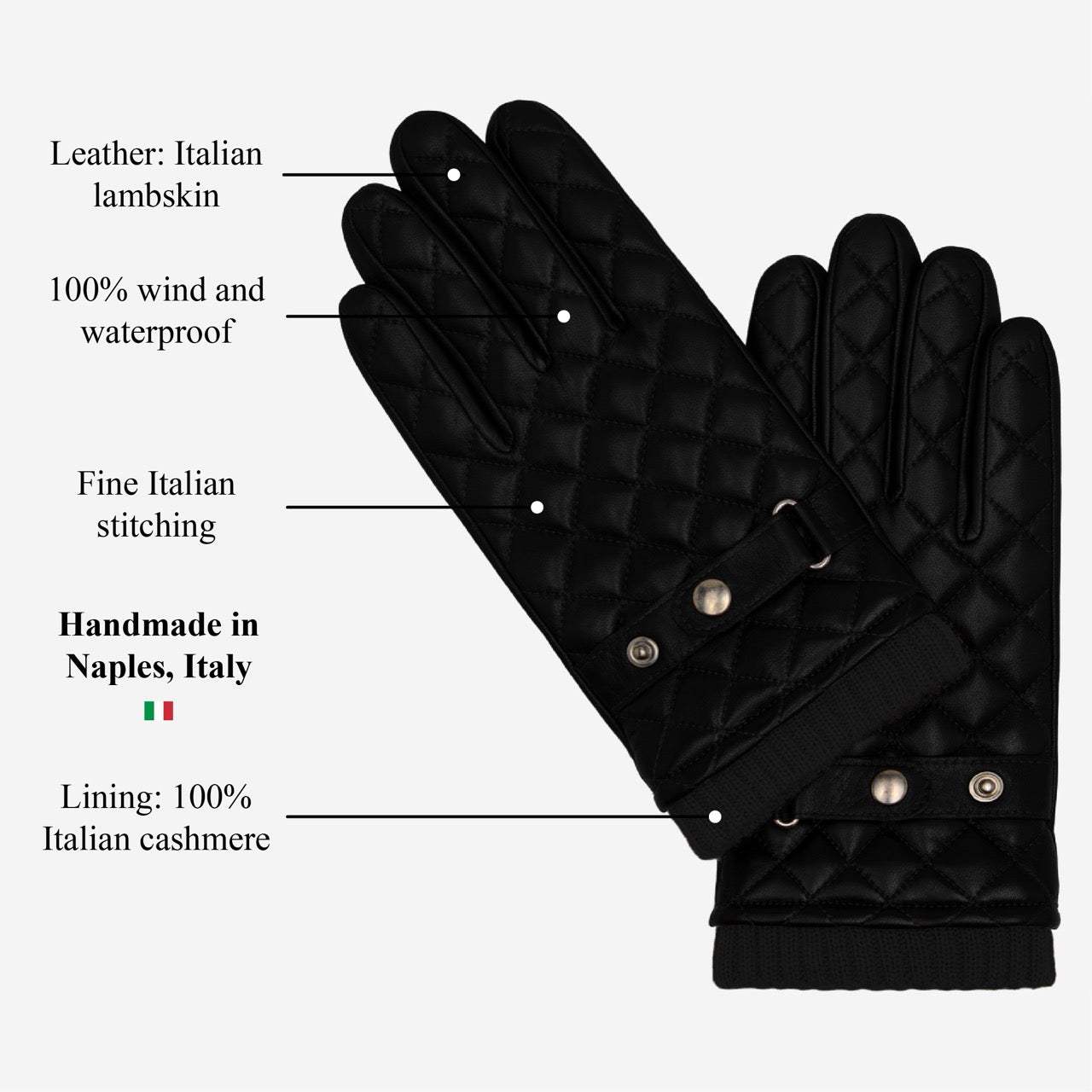 Luca (black) - Italian lambskin leather gloves with cashmere lining and checkered pattern