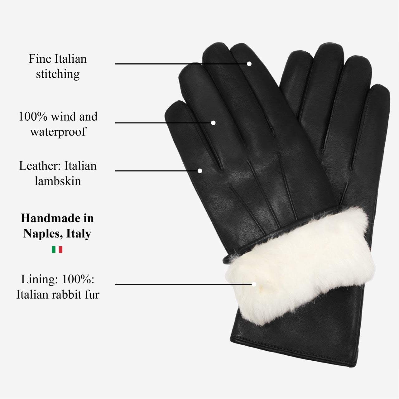 Marco (black) - Italian lambskin leather gloves with white rabbit fur lining - Leather Gloves Online - Flyclothing LLC