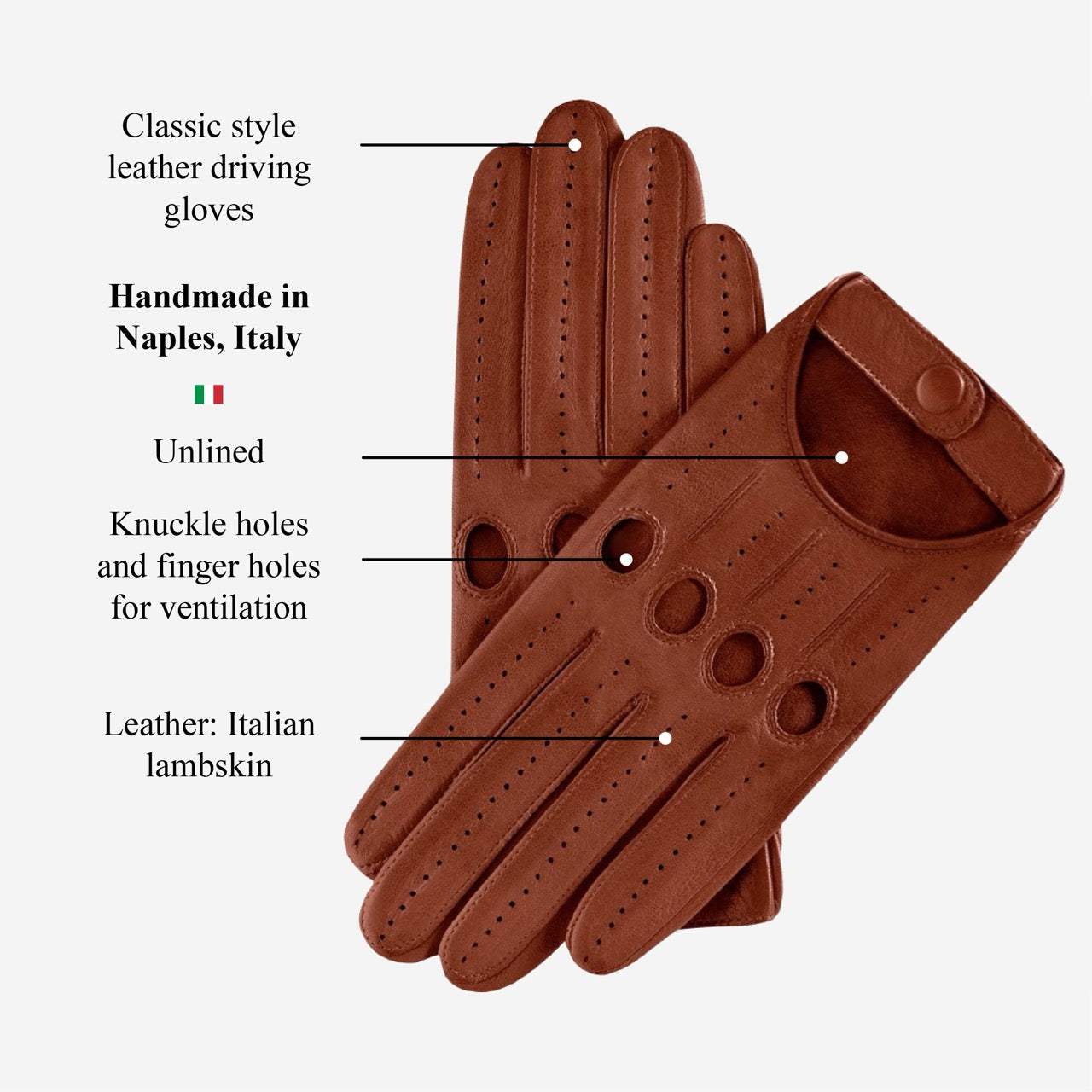 Alessa (cognac) - Classic Italian lambskin leather driving gloves
