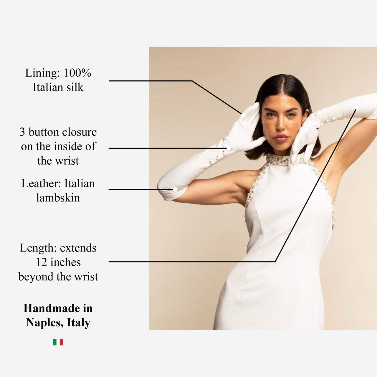 Angelina (white) - Italian silk lined 12-button length leather bridal / opera gloves - Leather Gloves Online - Flyclothing LLC