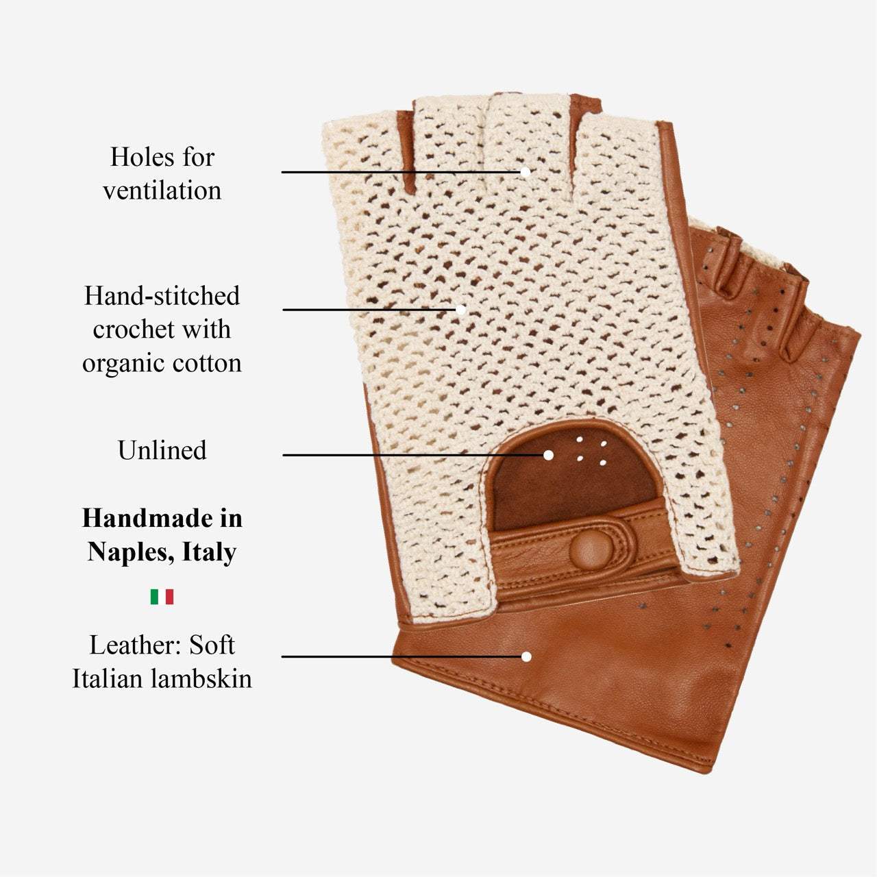 Daniella (cognac) - Hand-sewn Italian crochet driving gloves from lambskin leather