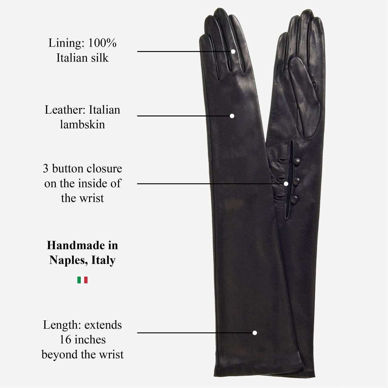 Elena (black) - Italian silk lined 16-button length leather opera gloves