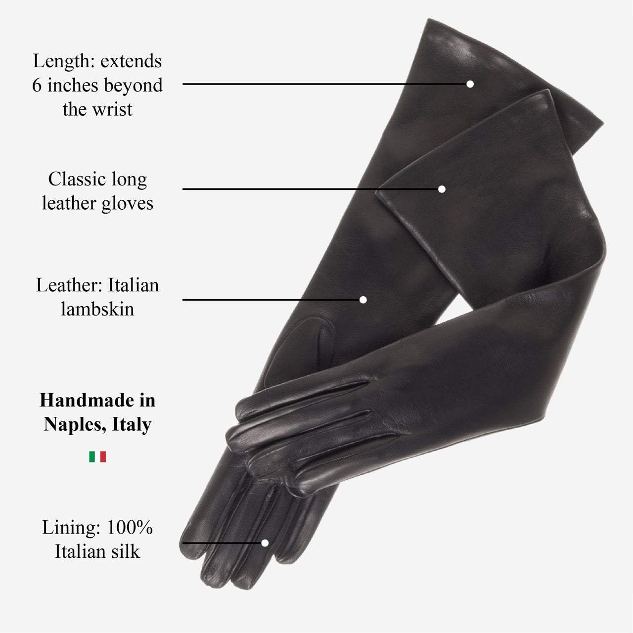 Elena (black) - Italian silk lined 8-button length leather opera gloves - Leather Gloves Online - Flyclothing LLC